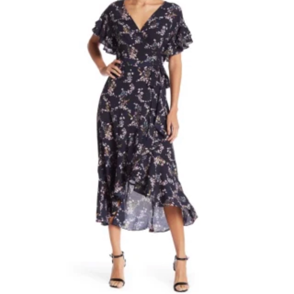 Max Studio - Navy Blue Floral Surplice Neck Wrap Maxi Dress Women Size Small